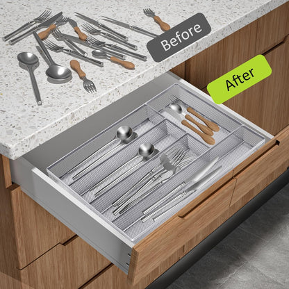Neudeco Silverware Organizer,Mesh Drawer Organizer for Kitchen，Metal Utensil Organizer for Flatware, Knives, Spoons,Cosmetic (Silver 9 * 3 * 2 inch Pack6)