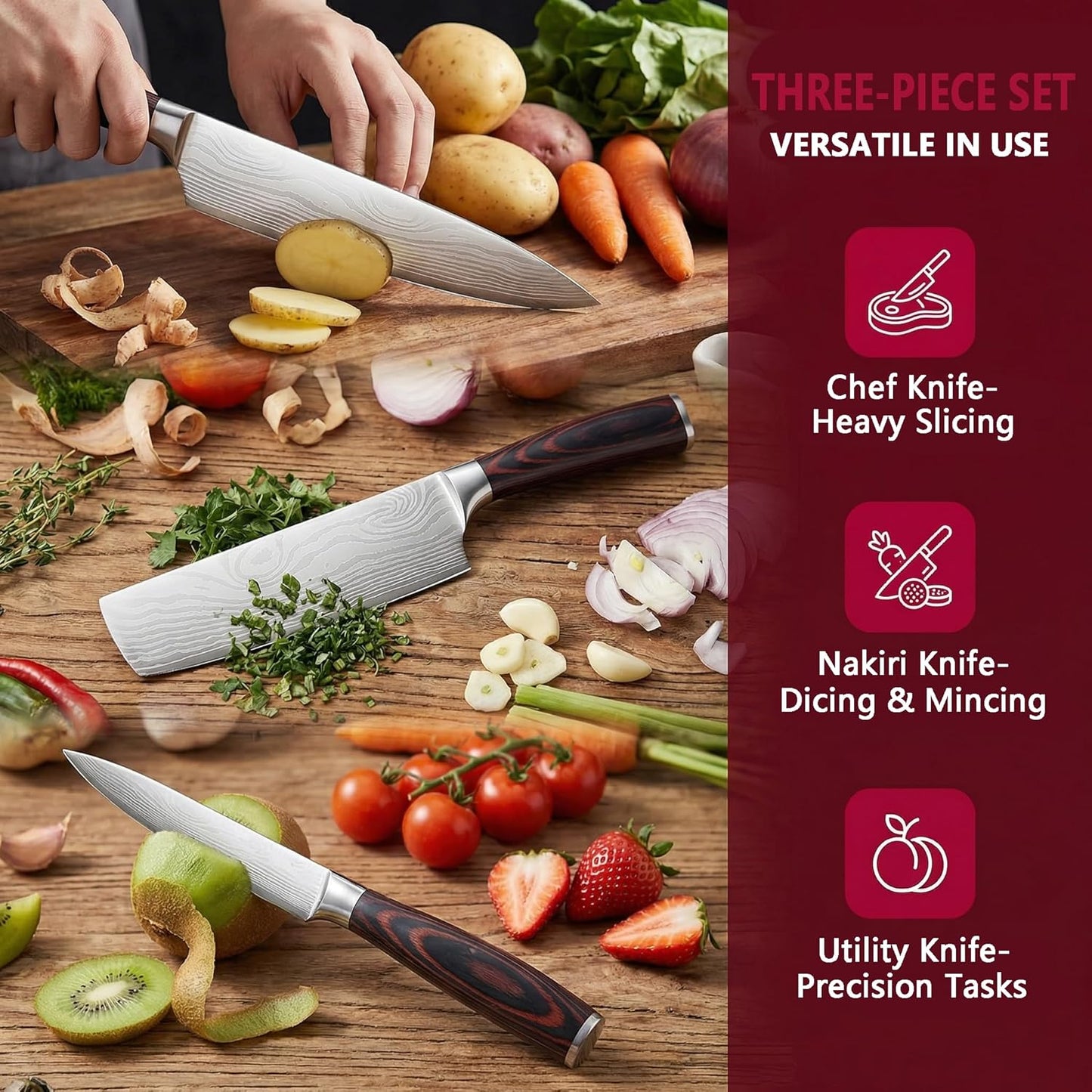 3 Pieces Knife Set, High Carbon Stainless Steel Professional Kitchen Knife Set, Ultra Sharp Chef Knives Sets with Ergonomic Wooden Handle