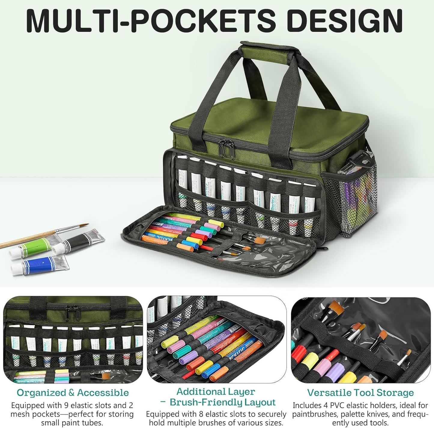 ORKELS Craft Paint and Marker Organizer, Acrylic Paint Storage Bag with Brush and Bottle Holders, Large Marker Carrying Case for Artists (Purple)