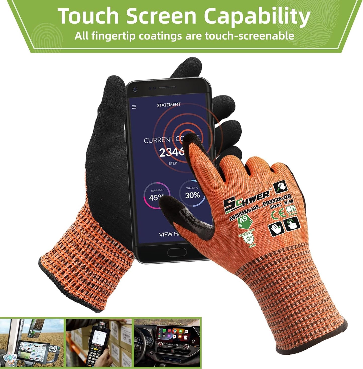 Schwer ProGuard High Level Cut Resistant Work Gloves PR3326 for Extreme Protection，ANSI A9 Cut Gloves with Reinforced Thumb, Non Slip, Breathable, Durable, Touch-screen, Black 1 Pair（XL）