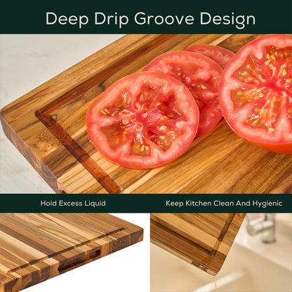 EZ FURNITURE Medium (M) Teak Edge Grain Cutting Board, Reversible, Knife-Friendly Charcuterie Wood Cutting Board with Juice Groove & Handles, Non-Toxic, Gift Box Included (17" x 13" x 1")