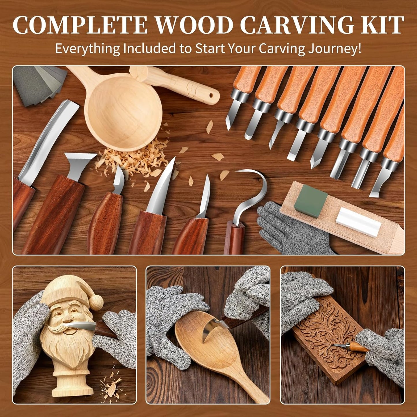 YOYUPETA Wood Carving Kit, 32-Piece Professional Whittling & Carving Tool Set with Walnut Handle Knives, Detail Gouges, Sharpening Stone, Strop, Basswood Blanks and Gloves for Adult Hobbyists & Craft
