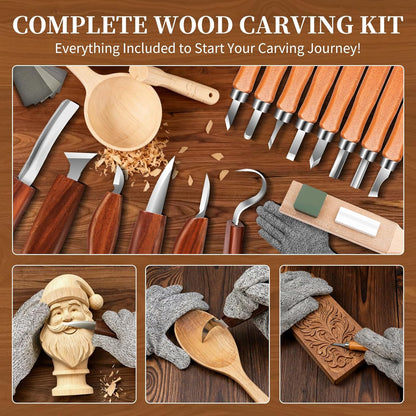 YOYUPETA Wood Carving Kit, 32-Piece Professional Whittling & Carving Tool Set with Walnut Handle Knives, Detail Gouges, Sharpening Stone, Strop, Basswood Blanks and Gloves for Adult Hobbyists & Craft
