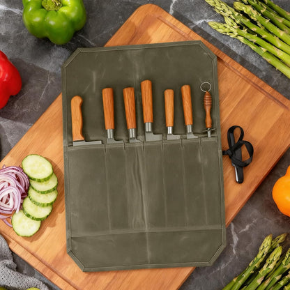Chef's Knife Roll Case, Canvas Knife Bag, 22 x 17.7 in / 56 x 45 cm Travel Tool Roll Pouch Kitchen Utensils Wrap Bag, 7 Pockets Portable Storage for Knives, Army Green