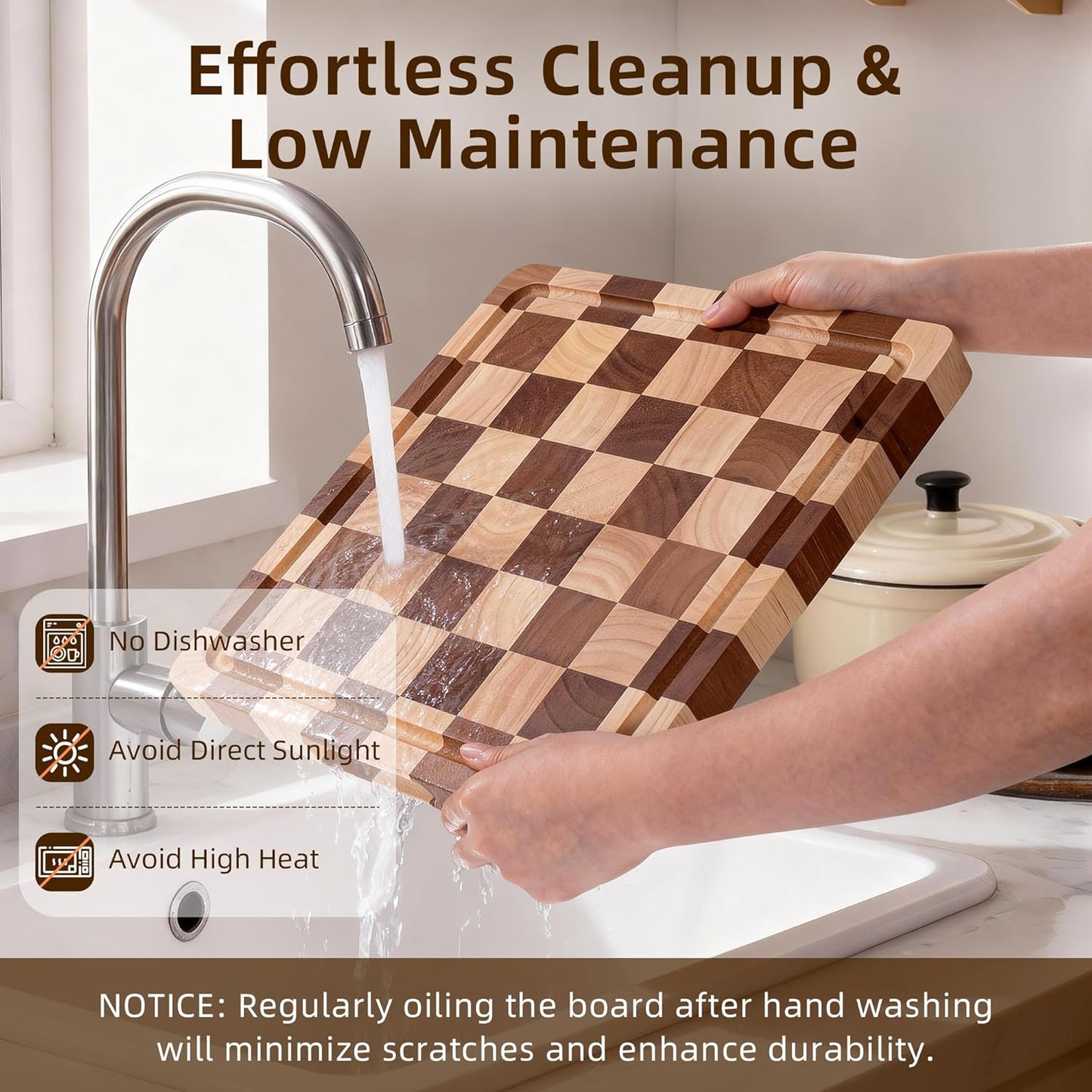 Checkered Cutting Board for Kitchen - Solid Wood End Grain Checkerboard Chopping Board with Handle & Juice Groove, Double Sided for Cooking, Serving and Decor, Rectangular 16" x 12" x 1"