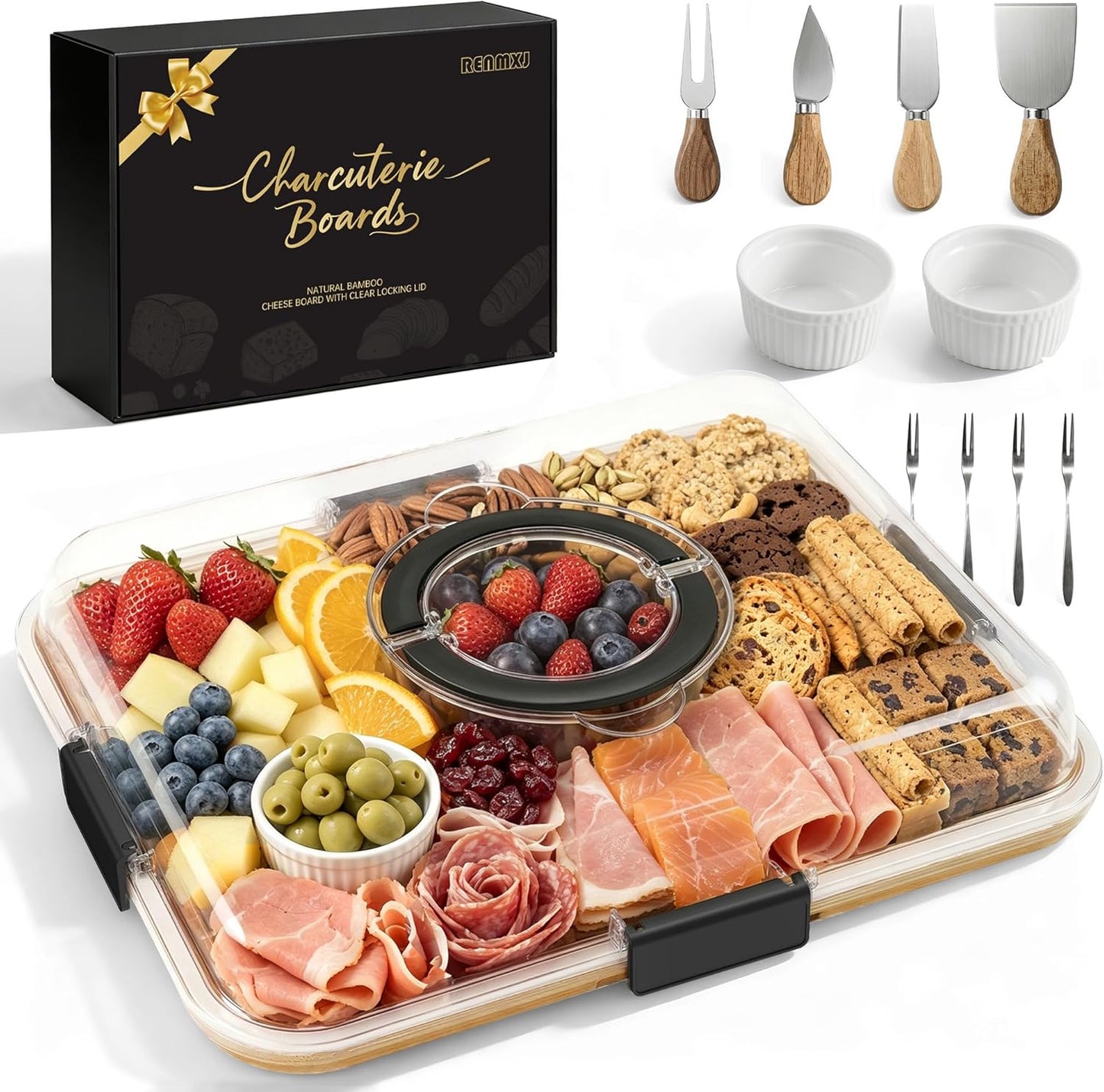 Renmxj Charcuterie Boards with Lid Gift Set, 2 in 1 Travel Portable Cheese Board with Knives Set, Natural Bamboo Charcuterie Tray, Housewarming Gifts New Home, Picnic, Wedding Gifts, Black Handle