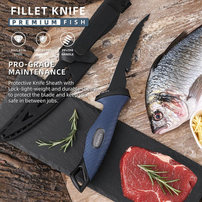 9 Inch Fish Fillet Knife - Premium German DIN 1.4116 Stainless Steel, Ultra Sharp Flexible Blade for Fish Filleting, Salmon, Trout, Non-Slip Handle, Professional Boning Knife with Sheath, Great for Anglers & Home Cooks