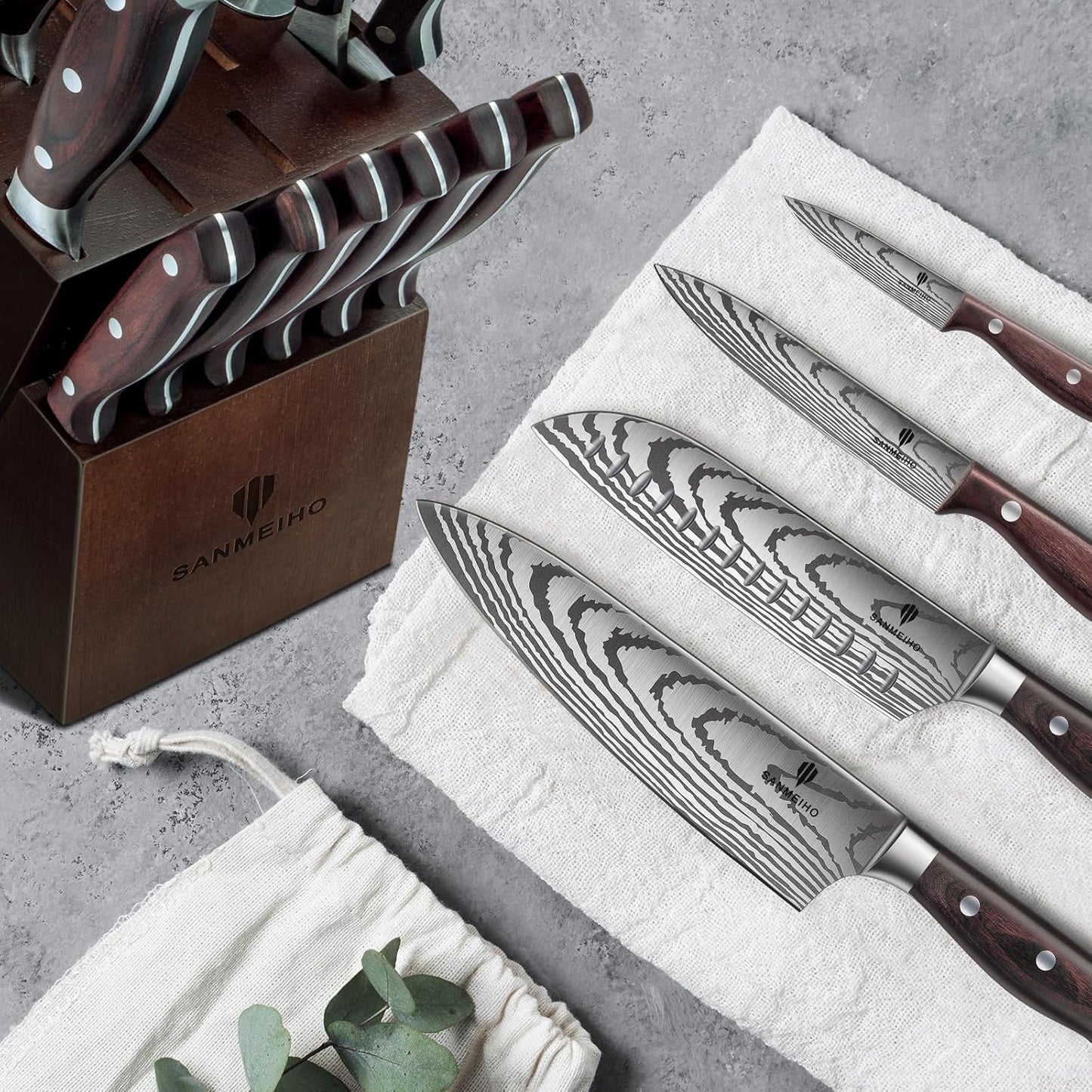 Knife Set 16 pcs, Japanese Kitchen Knife with Block High Carbon Stainless Steel Ultra Sharp Knife for Kitchen, Professional Chef Knife Set with Sharpener