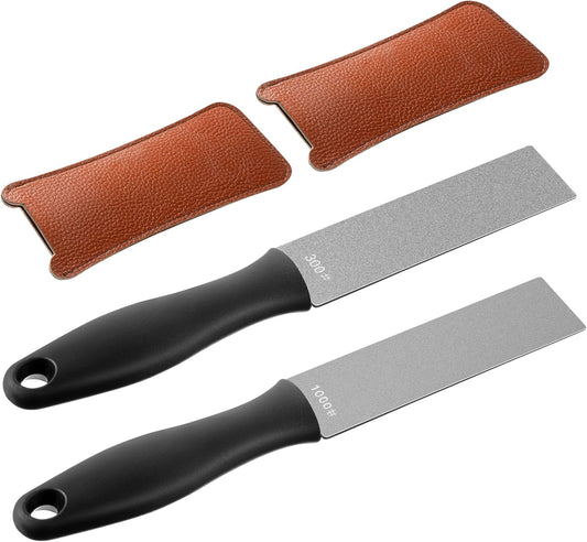 Feekoon 2 Pcs Dual Grit Diamond Sharpening Stone File Coarse 300# /Extra Fine 1000# Grit with Leather Sleeve Garden Tool Blade Sharpener for Knife, Axe, Lawn Mower Blade, Shears, Chisel Spade (Orange)