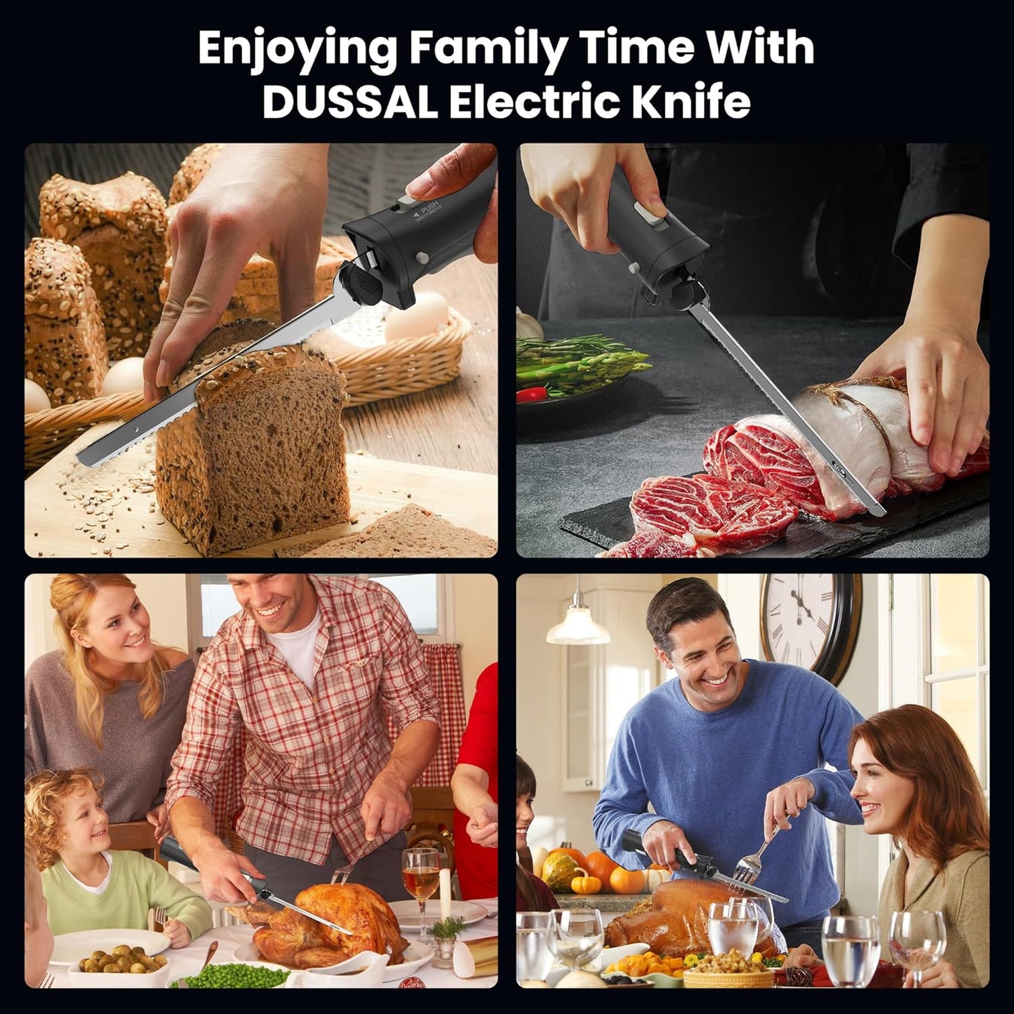 Cordless Electric Knife, Electric Bread Knife with 4 Stainless Steel Blades, Electric Cutting Knife for Cutting Meats, Fish, Poultry, Bread, Cheese & More (Black)