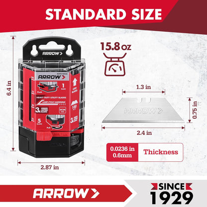 ARROW 100-Pack SK2 Utility Knife Blades, Premium Tempered Steel Box Cutter Blades with Convenient Dispenser, Sharp & Durable Replacement Blades for Cutting, Crafting, DIY Projects