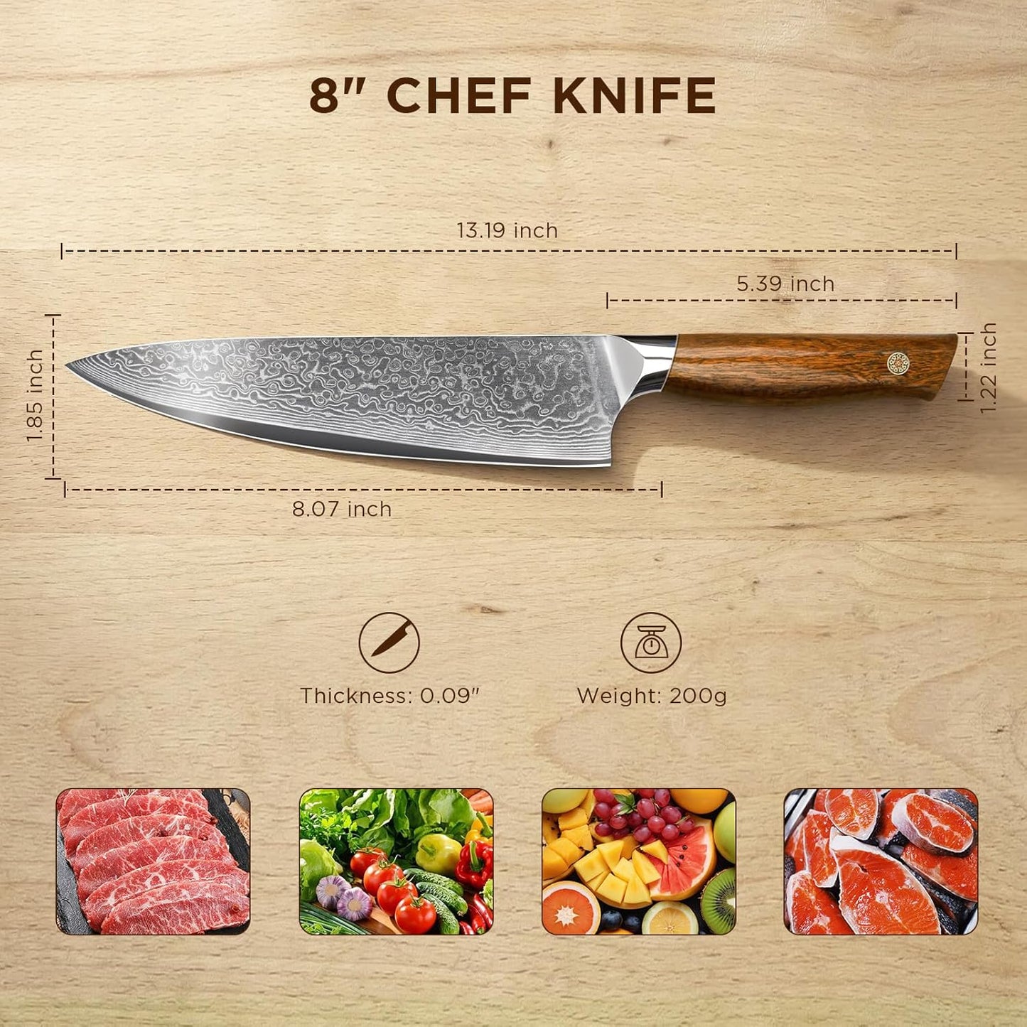 Newise Chef Knife, 8 Inch Japanese Kitchen Knives with Damascus Steel Core, Sharp Gyuto Knife with Wood Handle, Cooking Knives for Women Men