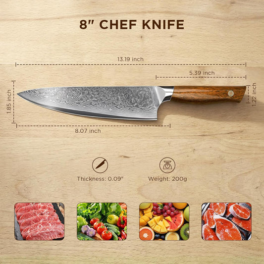 Newise Chef Knife, 8 Inch Japanese Kitchen Knives with Damascus Steel Core, Sharp Gyuto Knife with Wood Handle, Cooking Knives for Women Men