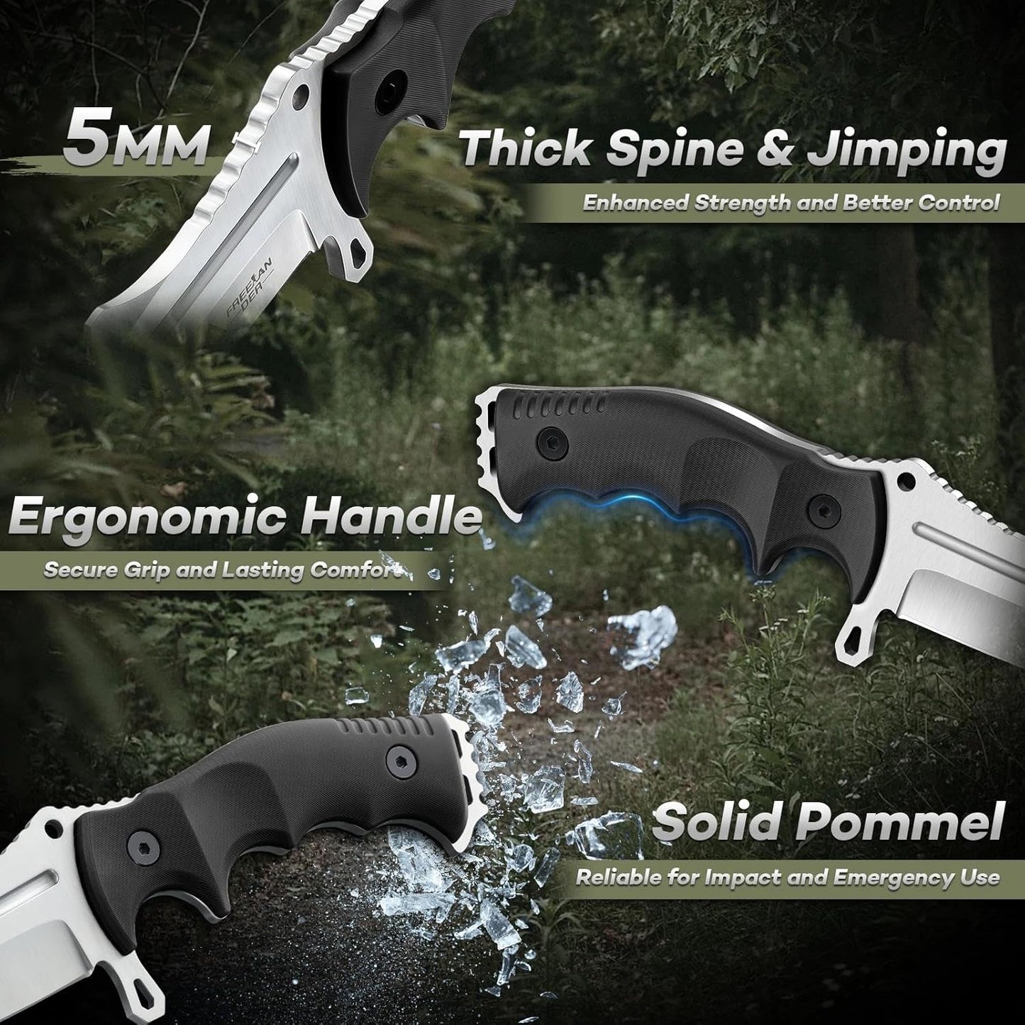 Freelander Fixed Blade Knife with Sheath, Full Tang D2 Steel Survival Knife, Camping Bushcraft Knives with Ergonomic Handle, Outdoor Knives for Men
