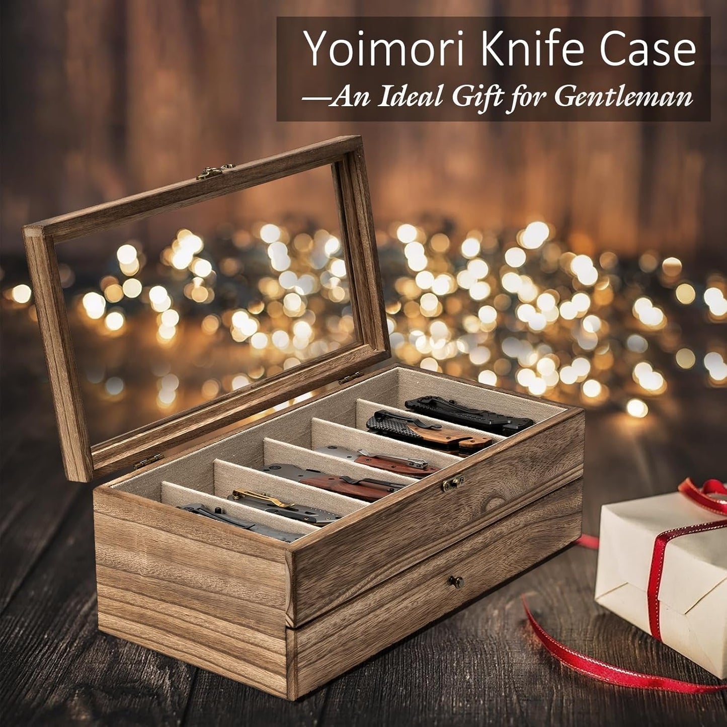 Knife Display Case, 3-Layer Pocket Knife Case Display & Storage Knives, Solid Wood Knife Case for Collections, Gift for Boyfriend Fathers Day Birthday Gifts(Black)
