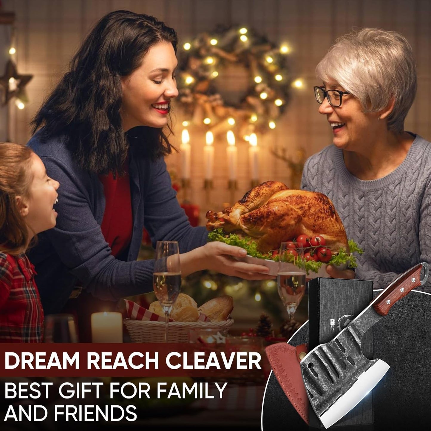 Dream Reach Meat Cleaver, 6.9 inch Black Boning Knife, High Carbon Steel Sharp Kitchen Forged In Fire Knife with Sheath Gift Box Bottle Opener for Outdoor Camping, Christmas Gifts for Men Women