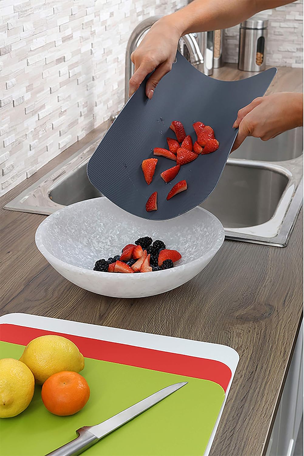 Dexas Heavy Duty Cutting Board Grippmat, Flexible Cutting Boards for Kitchen, Set of 4, Non Slip Plastic Board Cutting Mat Small Size 5.5 x 8, Blue, Green, Yellow, Red Set, Kitchen Gadgets