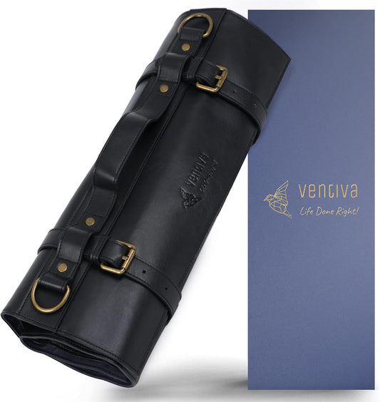 Ventiva Knife Roll Bag for Chefs - 9-Slot Professional Leather Knife Case with Adjustable Shoulder Strap, Double-Buckle Closure & Zipper Pocket, Black