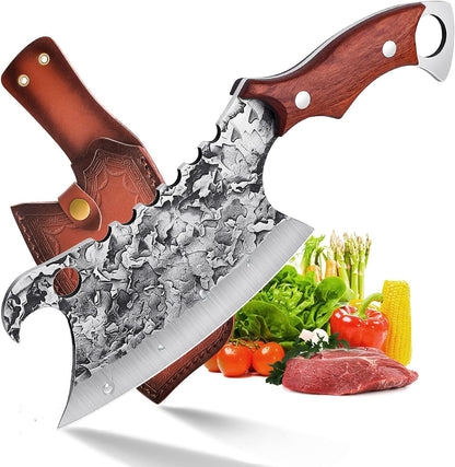 ROCOCO Hand Forged Meat Cleaver Sharp Butcher Knife for Meat Cutting Vegetable Cleaver with Sheath for Home Kitchen Outdoor Camping BBQ Father Mother Gift Idea Men