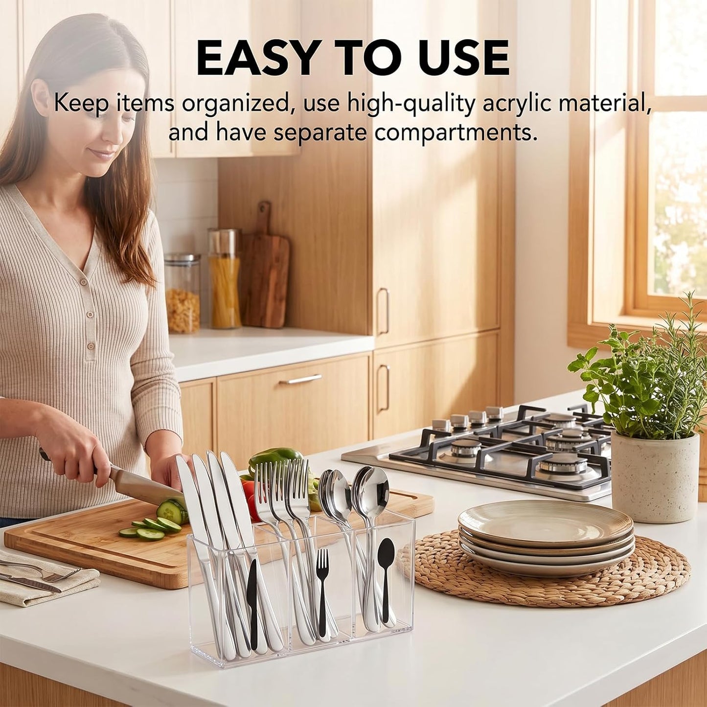 Clear Acrylic Cutlery Storage Organizer, 3 Section Transparent Silverware Caddy Utensil Holder for Kitchen Countertop, Holds Fork Spoon Knife