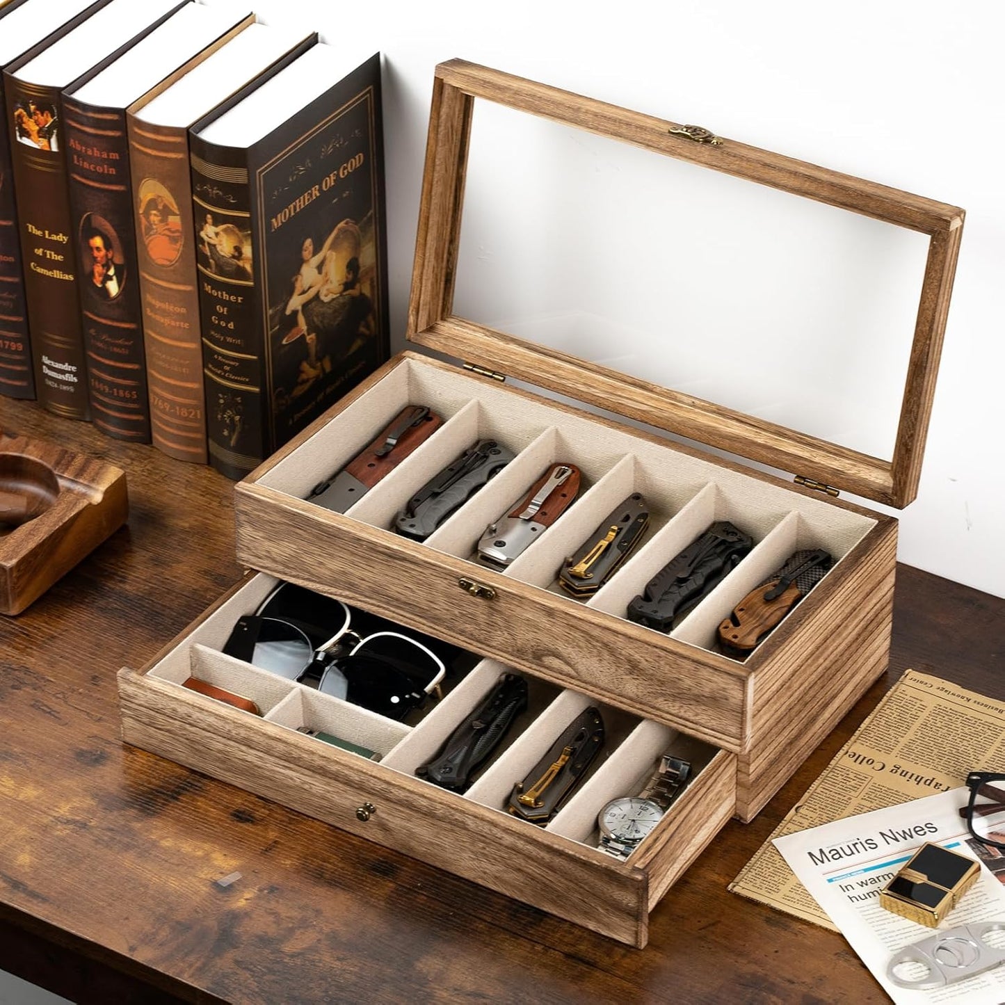 Knife Display Case, 3-Layer Pocket Knife Case Display & Storage Knives, Solid Wood Knife Case for Collections, Gift for Boyfriend Fathers Day Birthday Gifts(Black)