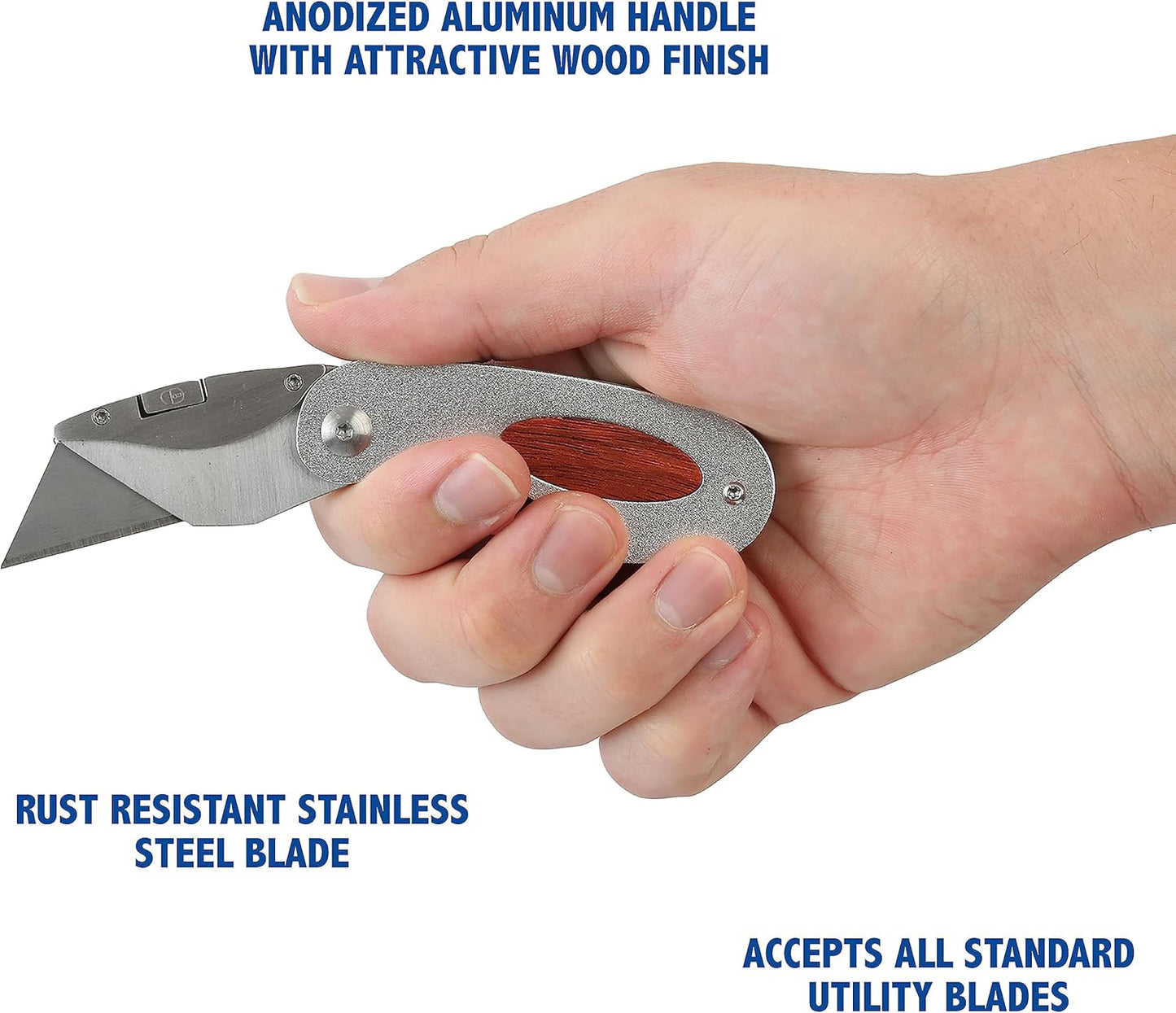 Sheffield Folding Utility Knife, Accepts Standard Utility Knife Blades, Box Cutter Aluminum Handle, Attractive Wood Finish, For Home, Office, Trades, and Warehouse