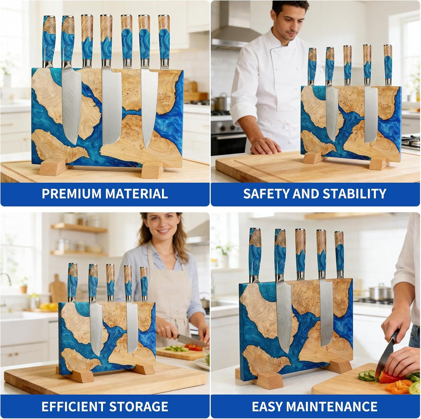 Magnetic Knife Block, 16 Inch Handcrafted Burl Wood Resin Knife Holder, Strong Neodymium Double-Sided Magnet, Countertop Knife Storage Stand Holds 20 Knives, Safe Blade Organizer for Kitchen