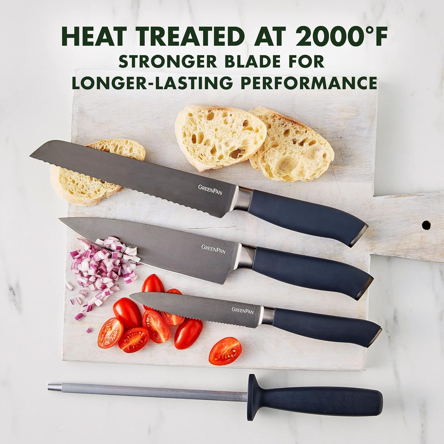 GreenPan Elite 8 Piece Steak Knife Set, Professional Stainless Steel Blades with Titanium Coating, Ultra-Sharp Dining Knives, Kitchen Cutlery, Ergonomic Wood Handles, Wooden Storage Box