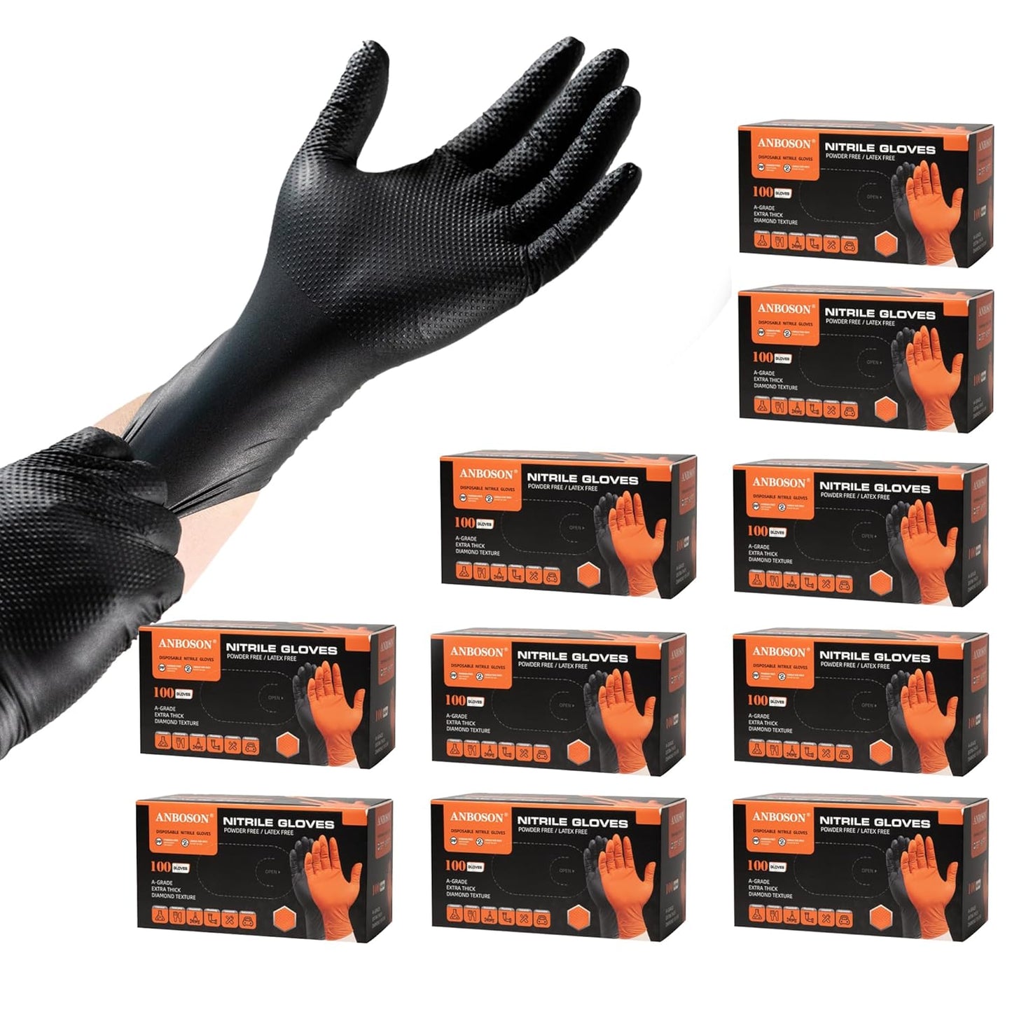 ANBOSON 10mil Heavy Duty Nitrile Gloves Large Black Disposable Rubber Gloves with Diamond Grip Anti Chemical Puncture Resistant Mechanics Guantes for Men/Auto repair/Cooking/Food Grade-Latex Free-100