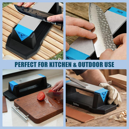 Diamond Sharpening Stone Kit, 3 Side Grit 400/1000/8000 Knife Sharpener for Sharp Blade, Premium Diamond & Ceramic Whetstone with Angle Guide, Non-Slip Base & Leather Strop