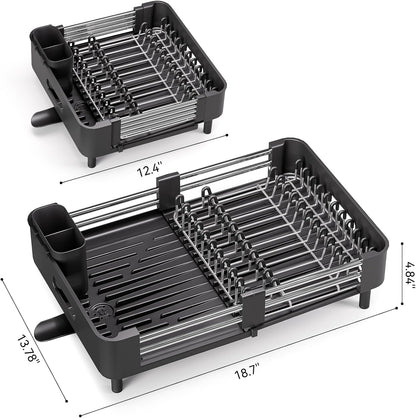 Urackify Stainless Steel Dish Drying Rack - Dish Drainer for Kitchen Counter, Extendable Drainboard with Foldable, Space-Saving Cup & Bowl Organizer, Includes Knife and Utensil Holder, Matte-Green