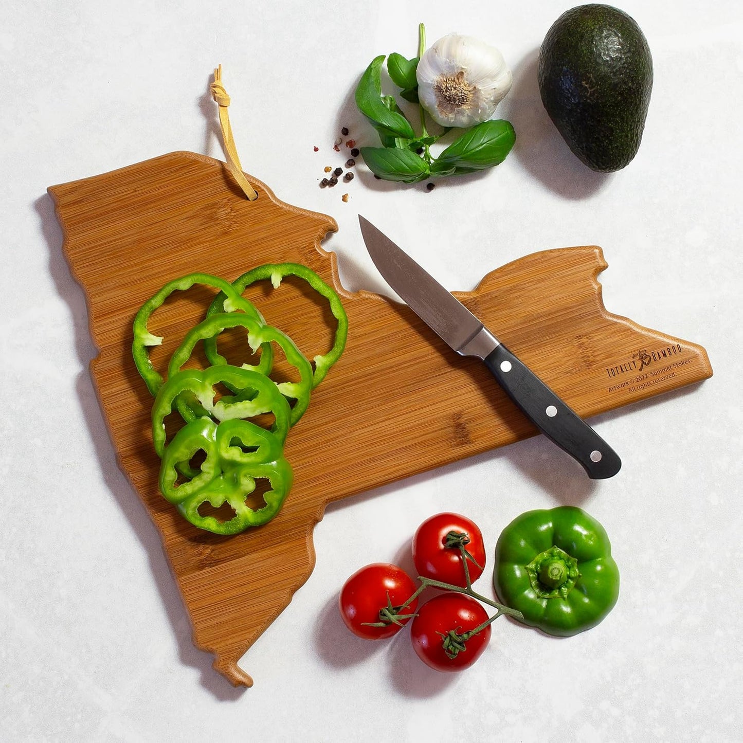 Totally Bamboo North Carolina State Shaped Cutting Board and Charcuterie Serving Platter with Artwork by Summer Stokes, Includes Hang Tie for Wall Display 18" x 8" x 5/8" - Colors A