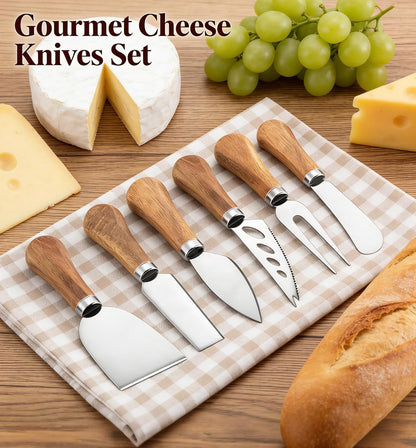 6 Piece Cheese Knives Set with Wooden Handle, Stainless Steel Mini Cheese Knives for Charcuterie & Cheese Spread, Ideal for Cheese Slicing and Butter Cutting (Acacia)