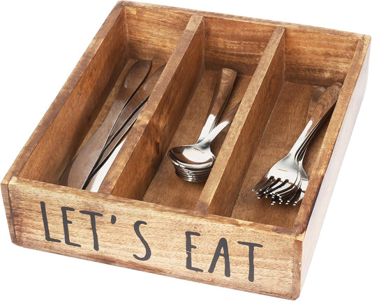 Wooden Kitchen Drawer Organizer Fir Wood Cutlery Silverware Tray Organizer with 3 Compartments, Decorative Utensil Holder for Flatware, Knives, Forks, Spoons