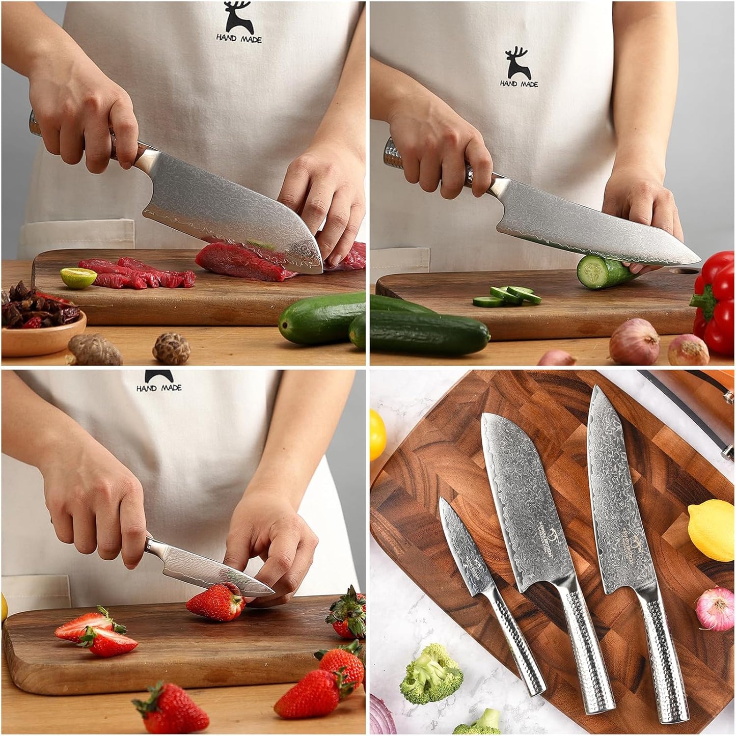 18 Pieces Damascus Kitchen Knife Set, 8 Piece Steak Knives, Non-slip ABS Ergonomic Triple Rivet Handle for Meat Fork, Knife Sharpener and Shears, 17 Slots Fraxinus Manchuria Knife Block (Grey)