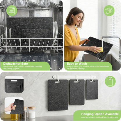 Cutting Board for Kitchen Set of 3 Portable Plastic Non-slip Cutting Boards Mats BPA-Free Reversible Chopping Board for Meat,Vegetables, and Fruits Dishwasher Safe,Easy Grip Handle,Multi Sizes (Black)
