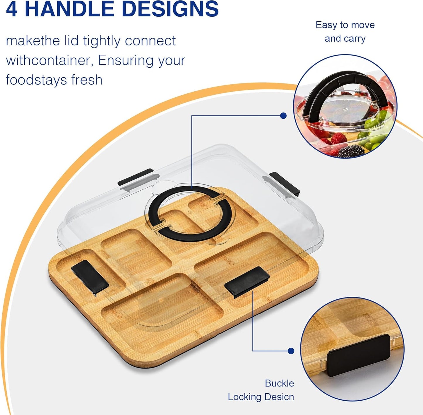 Charcuterie Board with Clear Lid, Portable 6-Compartment Cheese & Snack Tray, Reversible Bamboo Cutting Board, Secure Latch Closure for Picnics, Parties & Light Travel, Housewarming Gift