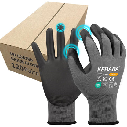 Kebada W1 Work Gloves for Men and Women, PU Coated Safety Gloves with Grip, Touchscreen, Ideal for Warehouse Package Handling, Construction, Gardening, 12 Pairs Gray Large