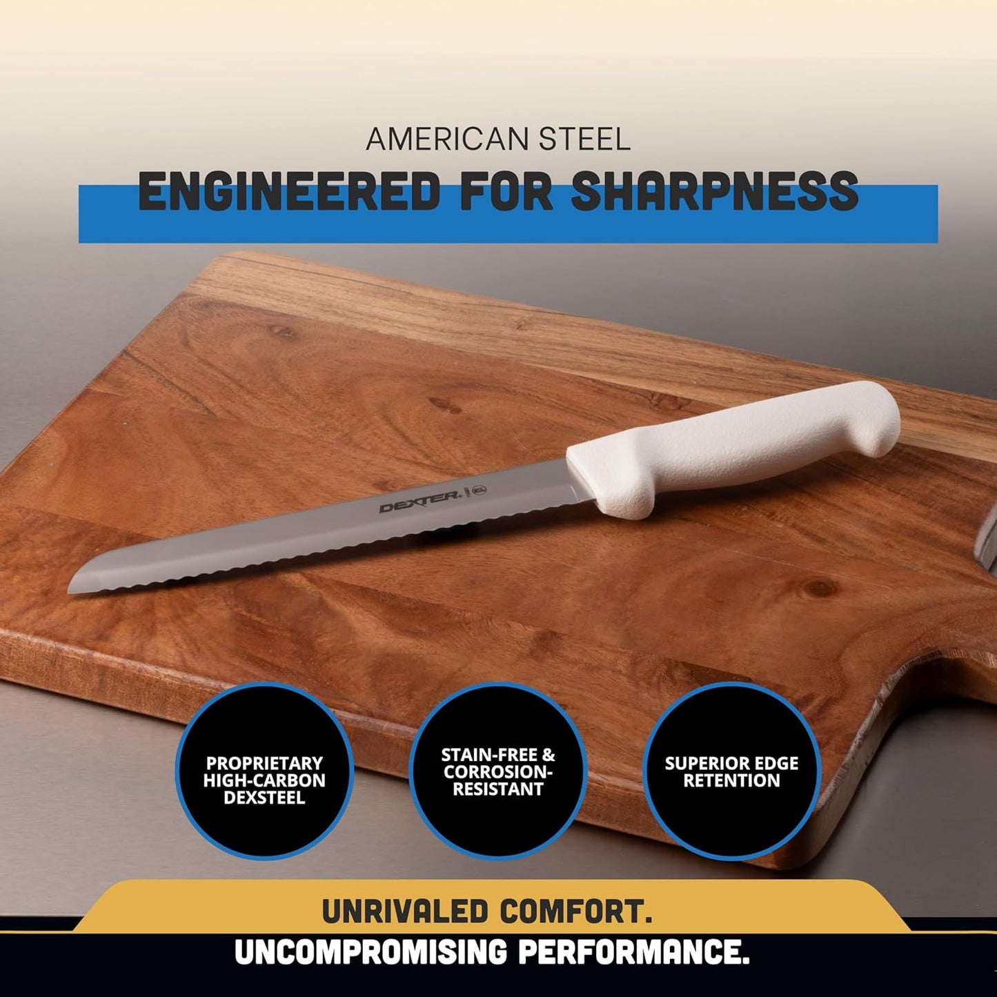 Dexter Outdoors P94803 Basics 31603 Bread Knife, 8" Scalloped High Carbon DEXSTEEL Blade, Textured White Polypropylene Slip-Resistant Handle, NSF, Serrated Bakery and Sandwich Knife