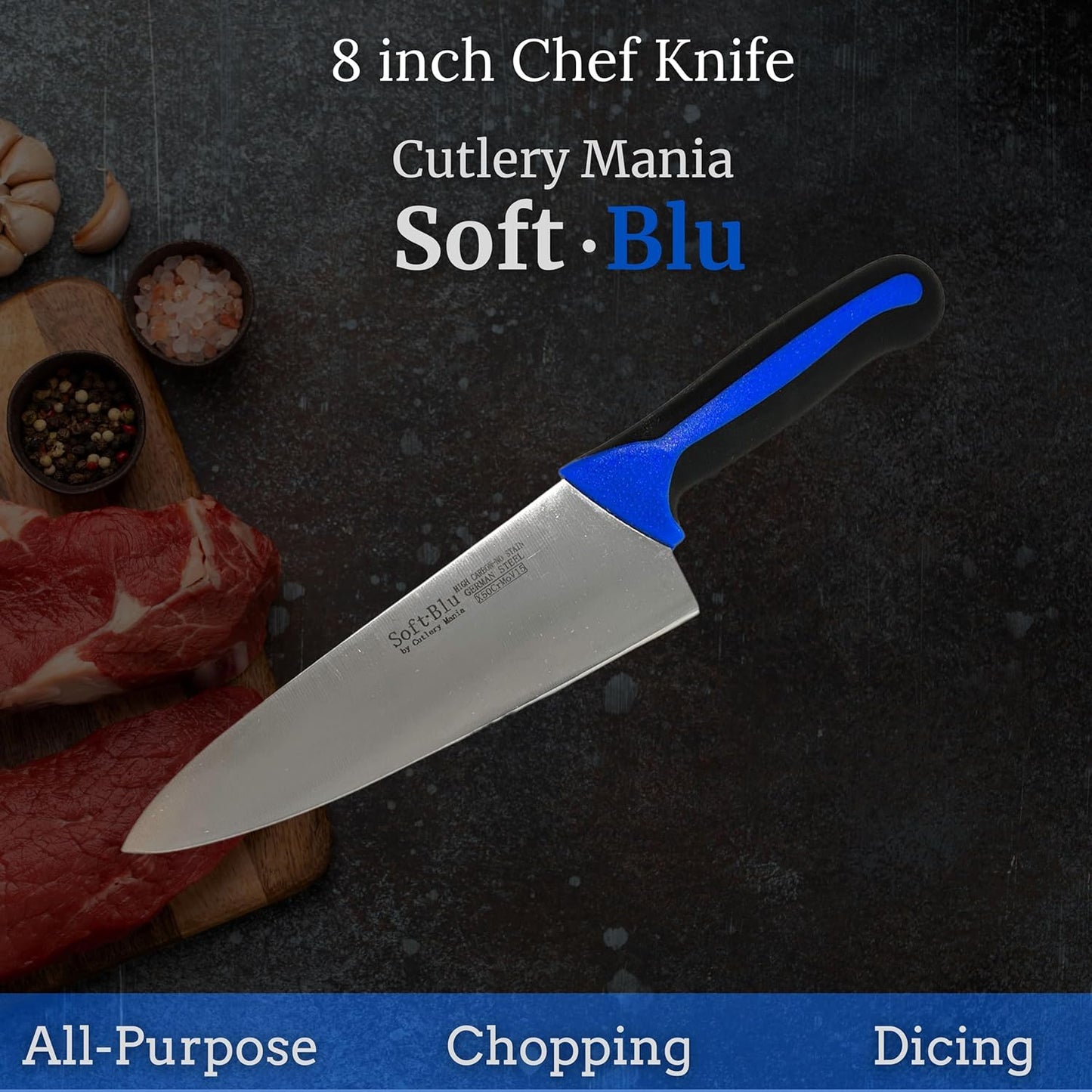Cutlery Mania SoftBlu Kitchen Knifes, X50CrMoV15 German Stainless Steel, Non-Slip Soft Grip Handle, Professional (Breaking Knife, Curved, 10")