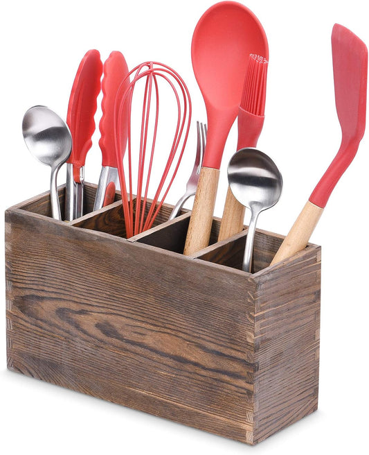 WuGeShop Wood Cutlery Caddy, Kitchen Utensil Organizer with 4 Compartments, Silverware Storage Kitchen Countertop Flatware Organizer