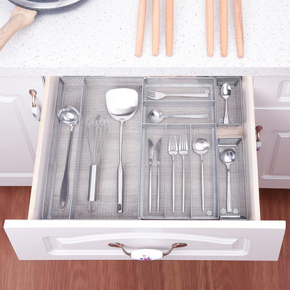WuGeShop Mesh Silverware Tray Drawer Organizer, Kitchen Utensils Flatware with Anti-slip Mats, Silverware Storage Cutlery Tray for Knives Fork Spoon (5 Separate Compartments, Silver)