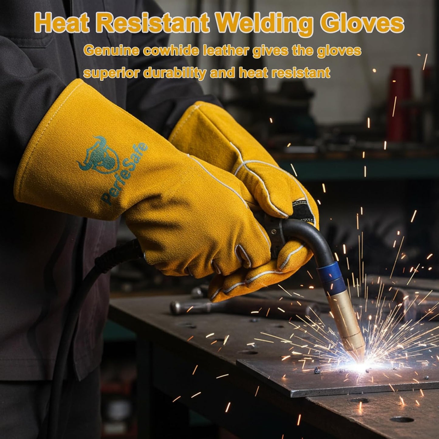 Welding Gloves 14 Inches, Heat Resistant 932℉ Leather Welding Gloves for MIG, TIG, Stick, Long Sleeve Grill Gloves for Welding, Fireplace, BBQ, Oven, Furnace, Wood Stove, Animal Handling