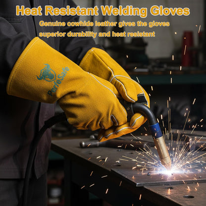 Welding Gloves 14 Inches, Heat Resistant 932℉ Leather Welding Gloves for MIG, TIG, Stick, Long Sleeve Grill Gloves for Welding, Fireplace, BBQ, Oven, Furnace, Wood Stove, Animal Handling