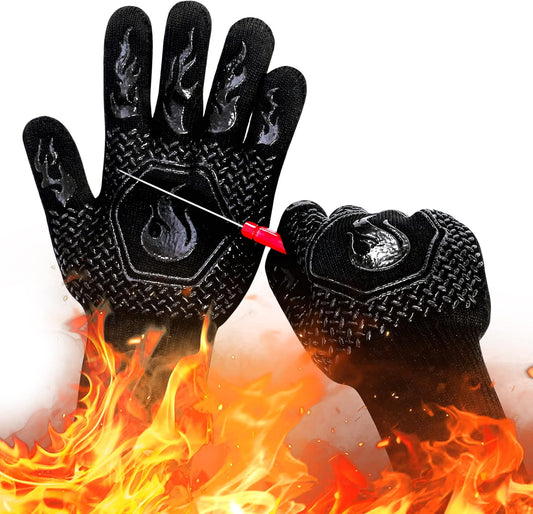 BBQ Fireproof Gloves, Grill Cut-Resistant 1472°F Heat Resistant Gloves, Non-Slip Silicone Oven Gloves, Kitchen Safe Cooking Gloves for Oven Mitts,Barbecue,Cooking, Frying,13.8 Inch-Red