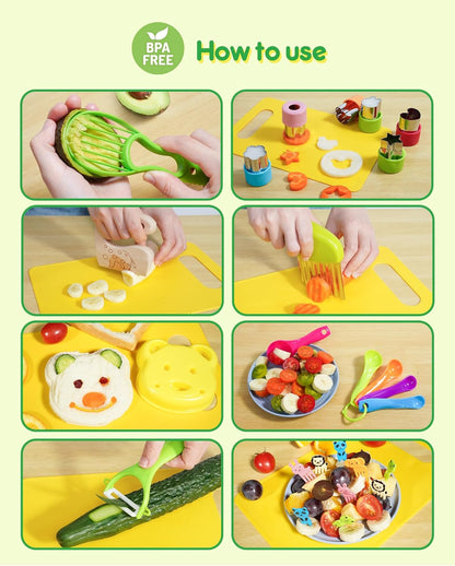 Kids Kitchen Knife Set, 15 Pcs BPA Free Montessori Kitchen Tools for Toddlers' Real Cooking, Include Knives, Crinkle and Sandwich Cutters, Peeler, Cutting Boards, Cleaning Tools for 3+ Birthday Gift