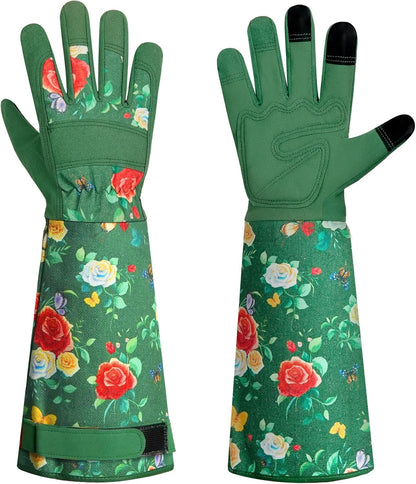 DLY Gardening Gloves for Women, Rose Gloves Gardening Thorn Proof, Long Garden Gloves for Women, Breathable Cowhide Leather Gauntlet (Medium, Blue)