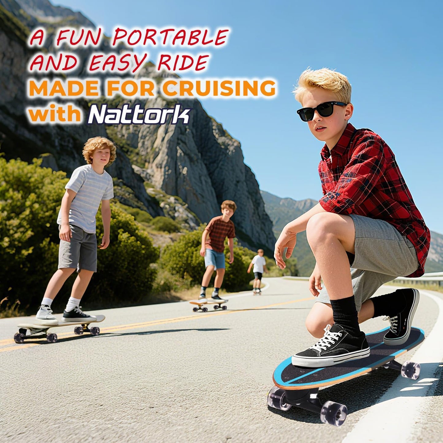 Nattork Complete Kid Skateboards 29" x 9" Youth Cruiser Skateboard for Beginners Double Kick Deck Concave Girls or Boys Skateboard