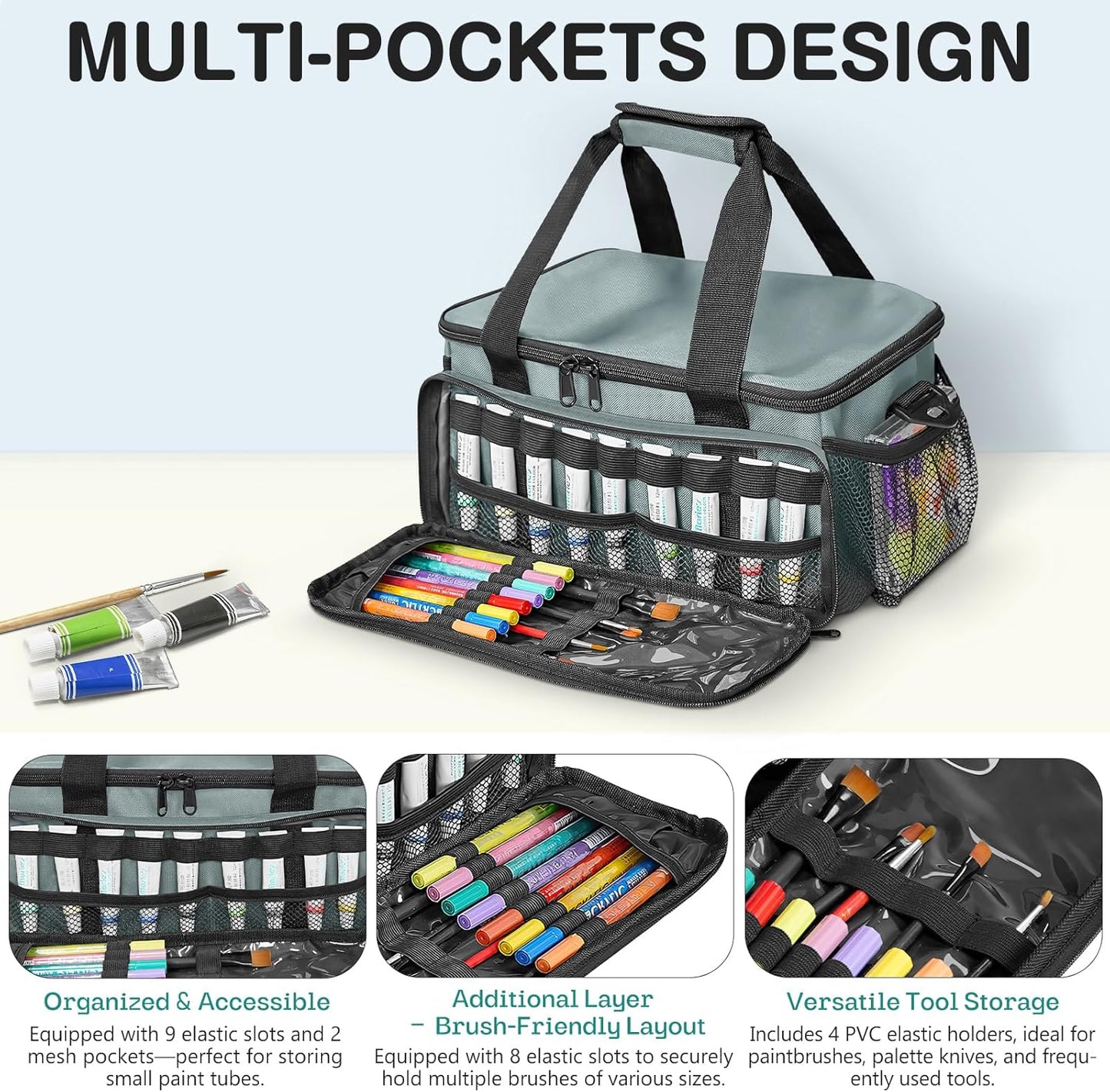 ORKELS Craft Paint and Marker Organizer, Acrylic Paint Storage Bag with Brush and Bottle Holders, Large Marker Carrying Case for Artists (Purple)