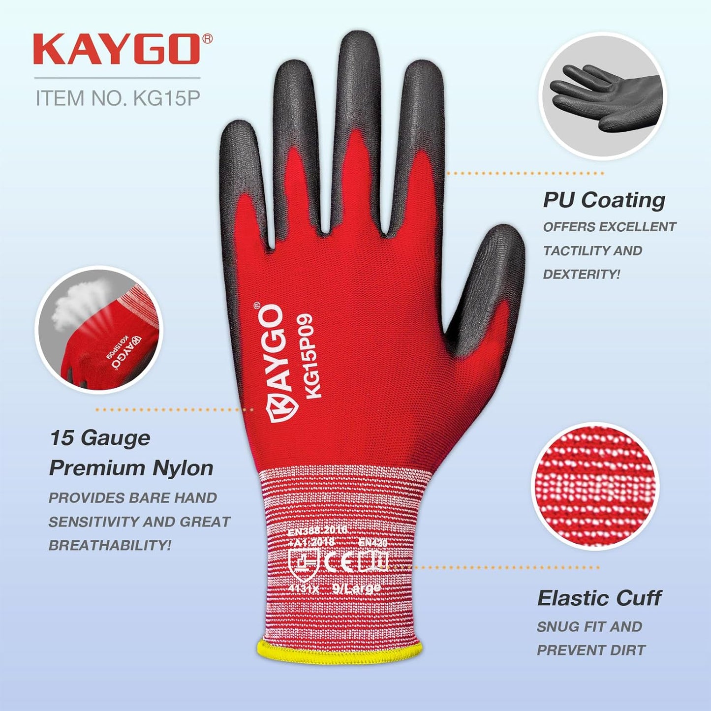 KAYGO Ultra Thin PU Coated Safety Work Gloves, 12 Pairs Nylon Knit, High Dexterity Anti-Slip Breathable Light Duty Gloves for Precision, Warehouse, DIY & Electronics (L,Gray)